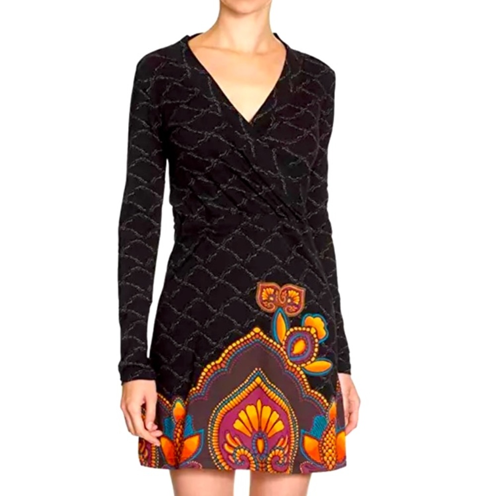 Desigual | Black & Multicolored Printed Long Sleeve Faux Wrap Cotton Dress
